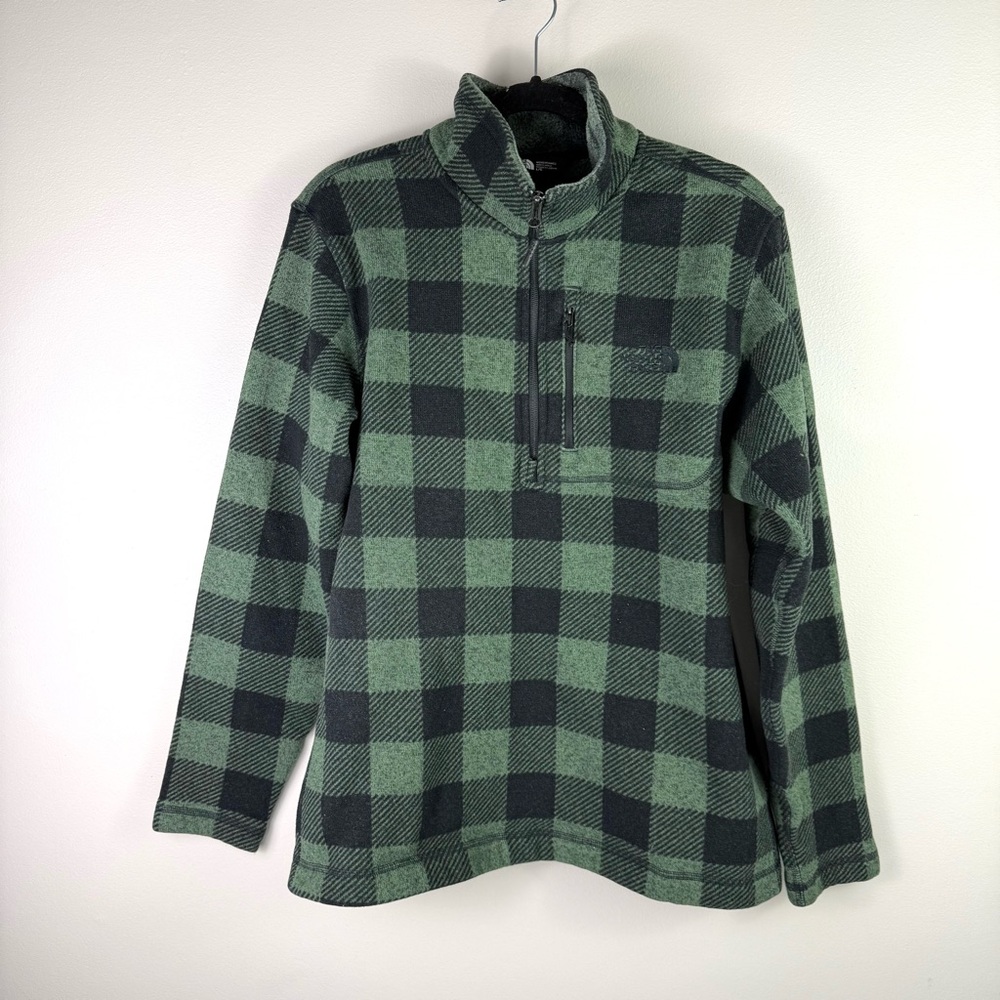 The North Face Mens L Green Black Buffalo Plaid Fleece 1/4 Zip Pullover